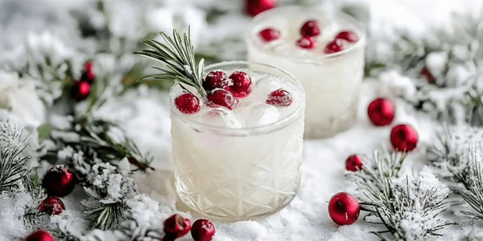 Two crystal rocks glasses filled with a white cocktail, ice, fresh cranberries, and a rosemary sprig garnish, surrounded by snow-dusted pine branches and scattered red cranberries, representing holiday cocktail offerings at Harvest & Tide at Bohemia Manor Farm.