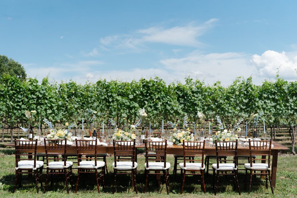 A photo of a table setting in front of the vineyard at Bohemia Manor Farm
